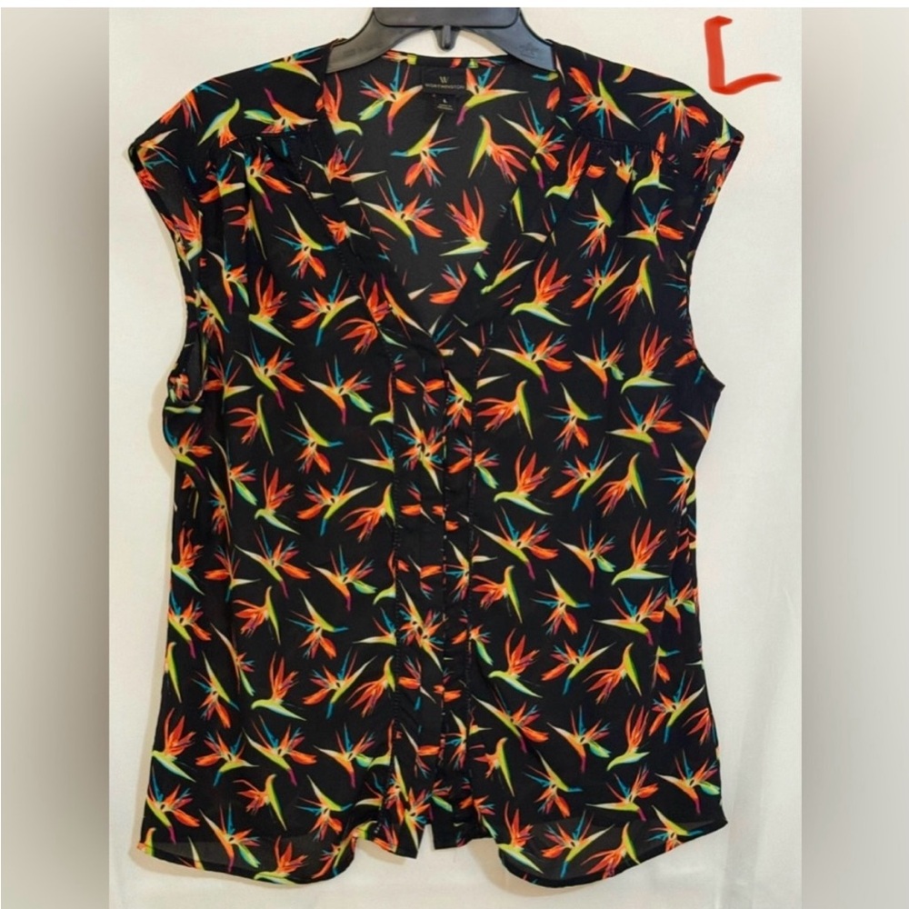 Worthington Black Tropical Print Blouse, L
